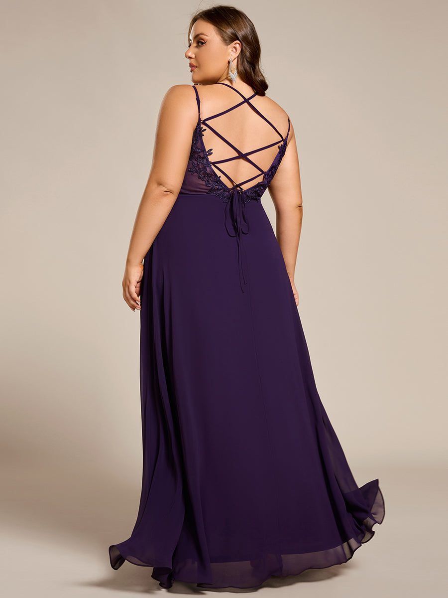 Color=Dark Purple | One Stop Shop Plus Size Sleeveless V-Neck Appliques A-Line Floor Length Bridesmaid Dresses-Dark Purple 32