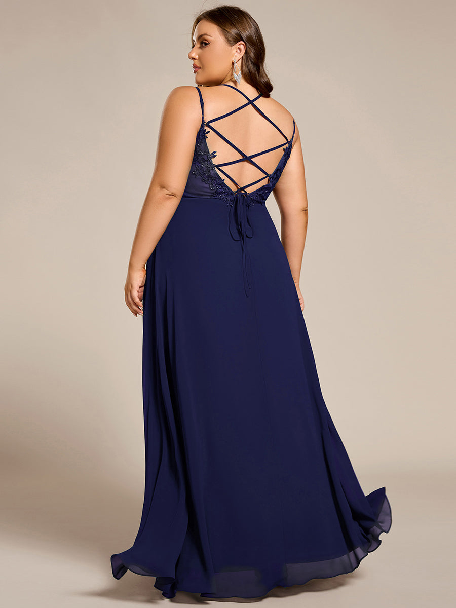 Color=Navy Blue | One Stop Shop Plus Size Sleeveless V-Neck Appliques A-Line Floor Length Bridesmaid Dresses-Navy Blue 47