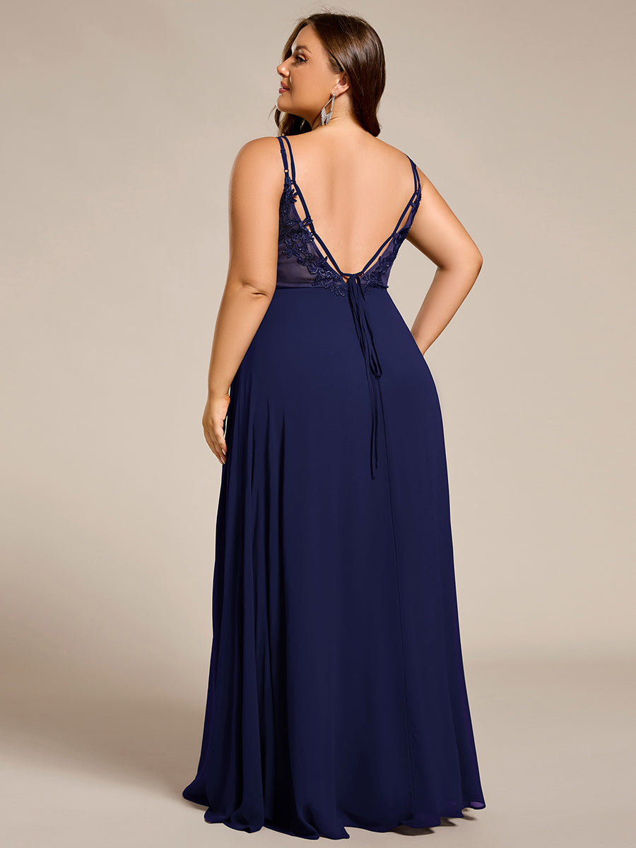 Color=Navy Blue | One Stop Shop Plus Size Sleeveless V-Neck Appliques A-Line Floor Length Bridesmaid Dresses-Navy Blue 48