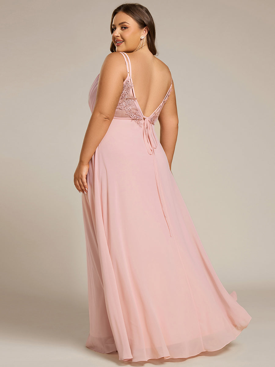 Color=Pink | One Stop Shop Plus Size Sleeveless V-Neck Appliques A-Line Floor Length Bridesmaid Dresses-Pink 52