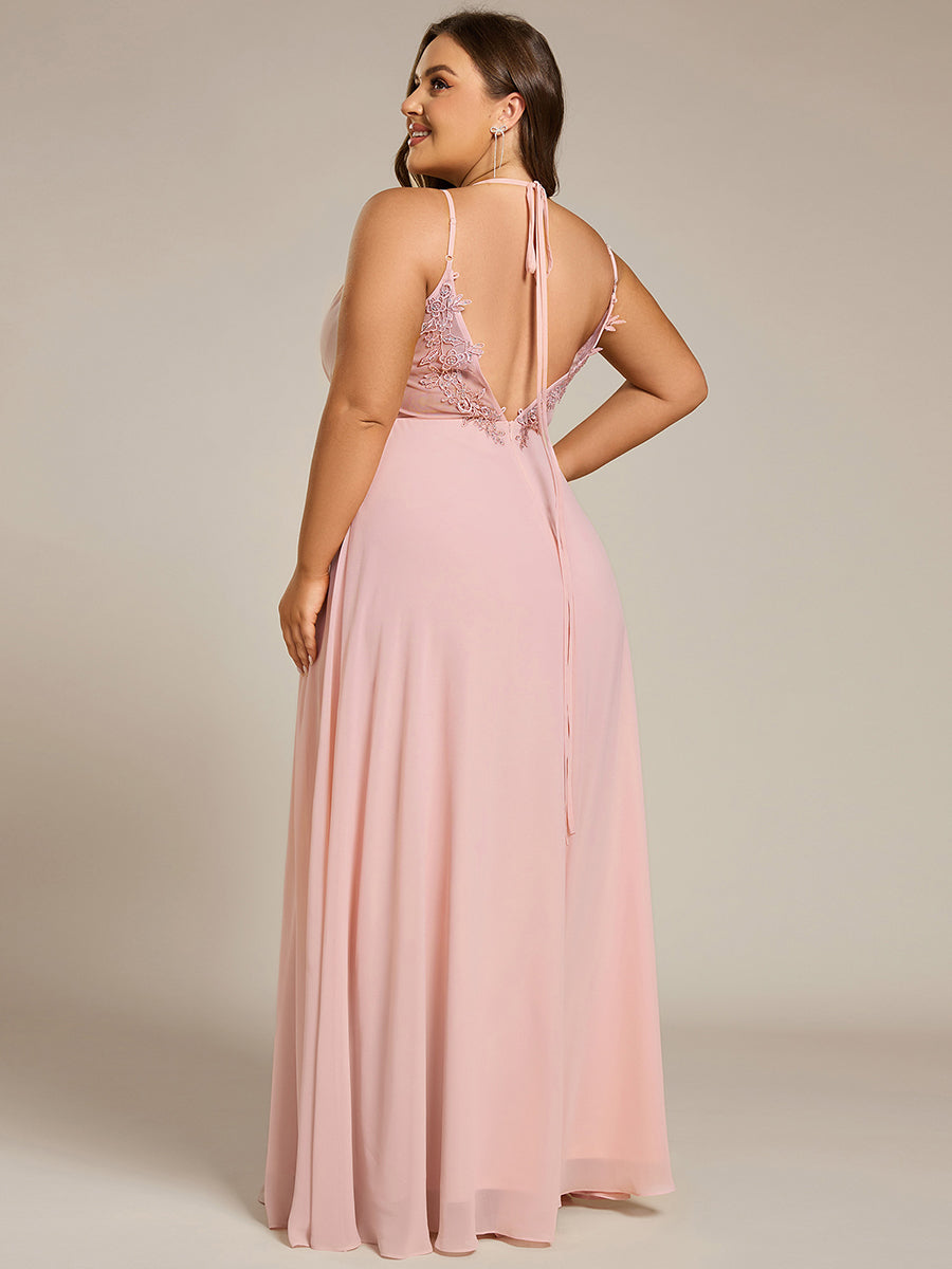 Color=Pink | One Stop Shop Plus Size Sleeveless V-Neck Appliques A-Line Floor Length Bridesmaid Dresses-Pink 53