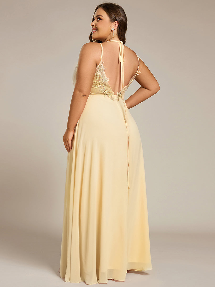 Color=Yellow | One Stop Shop Plus Size Sleeveless V-Neck Appliques A-Line Floor Length Bridesmaid Dresses-Yellow 58