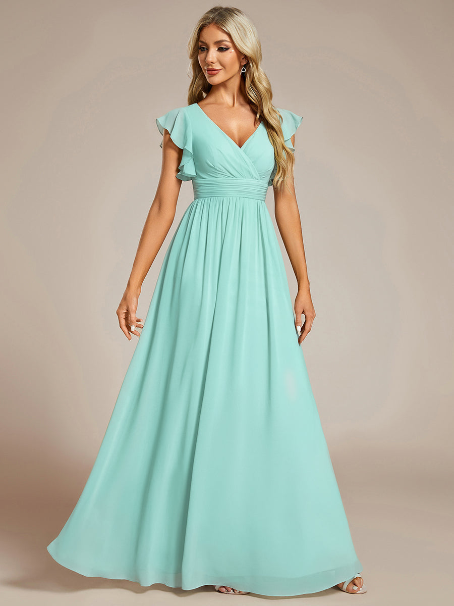 Color=Pastel blue | V Neck Pleated Belted Ruffles Wholesale Bridesmaid Dresses - ES01818 Iterated-Pastel blue 3