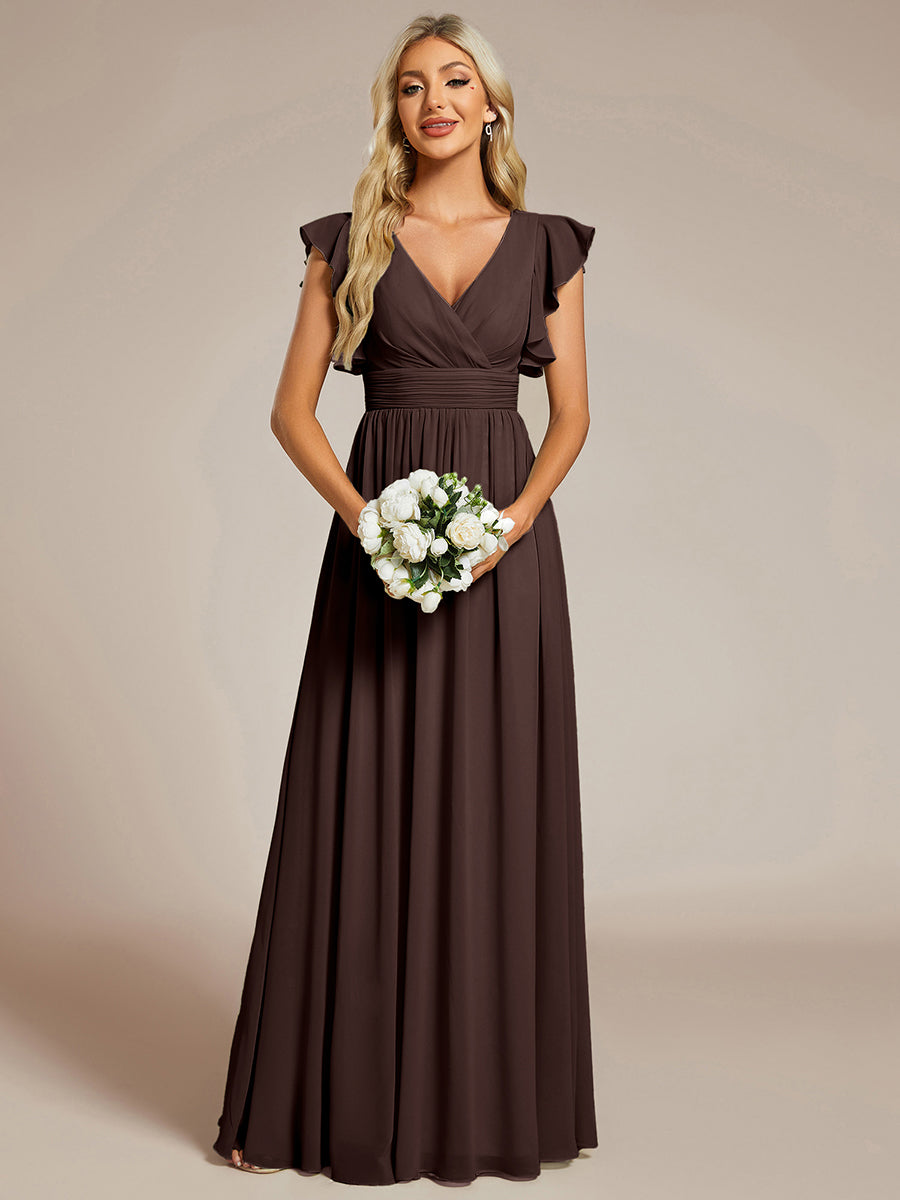 Color=Espresso | V Neck Pleated Belted Ruffles Wholesale Bridesmaid Dresses - ES01818 Iterated-Espresso 4