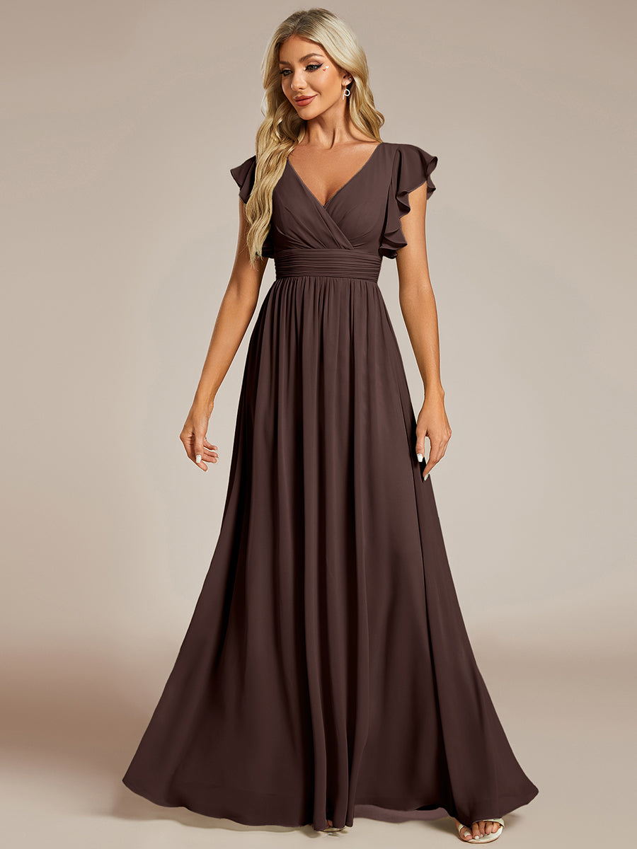 Color=Espresso | V Neck Pleated Belted Ruffles Wholesale Bridesmaid Dresses - ES01818 Iterated-Espresso 1