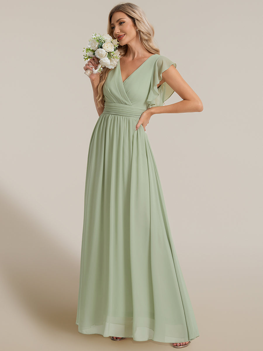 Color=Mint Green | V Neck Pleated Belted Ruffles Wholesale Bridesmaid Dresses - ES01818 Iterated-Mint Green 3