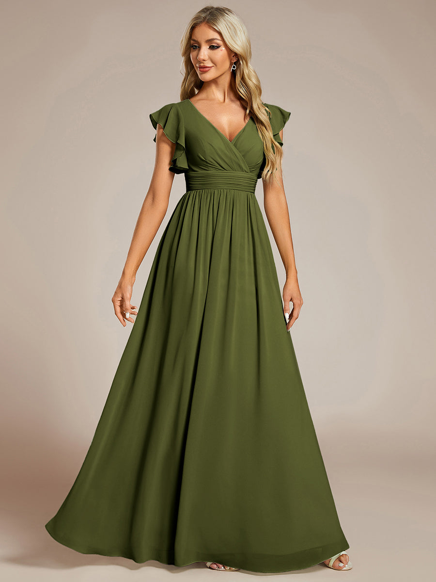 Color=Olive Green | V Neck Pleated Belted Ruffles Wholesale Bridesmaid Dresses - ES01818 Iterated-Olive Green 3
