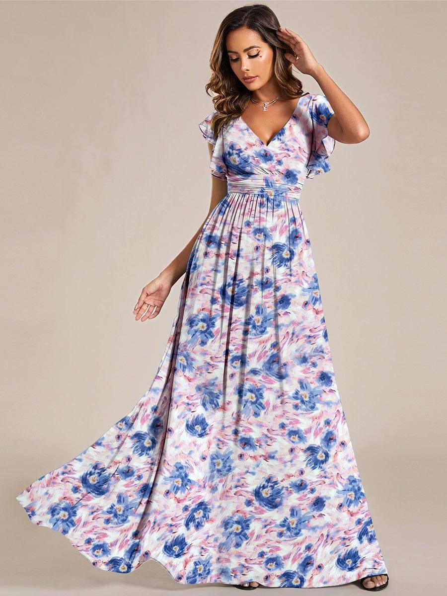ever LILYANA|Floral V-Neck Open Back Ruffled Sleeves Chiffon Bridesmaid Dress #color_Azure Bream