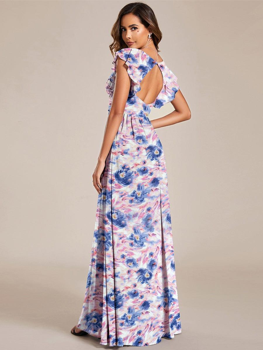 ever LILYANA|Floral V-Neck Open Back Ruffled Sleeves Chiffon Bridesmaid Dress #color_Azure Bream