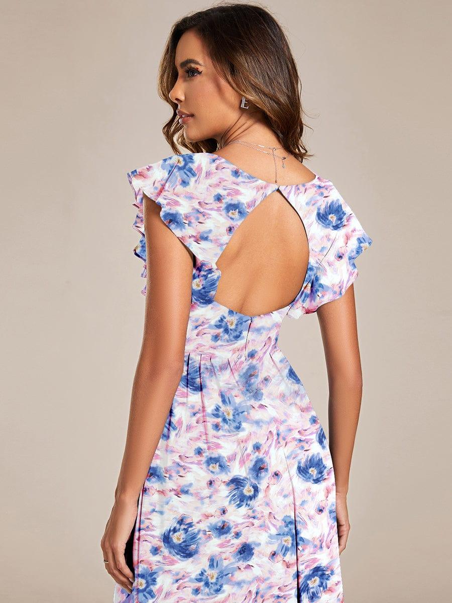 ever LILYANA|Floral V-Neck Open Back Ruffled Sleeves Chiffon Bridesmaid Dress #color_Azure Bream