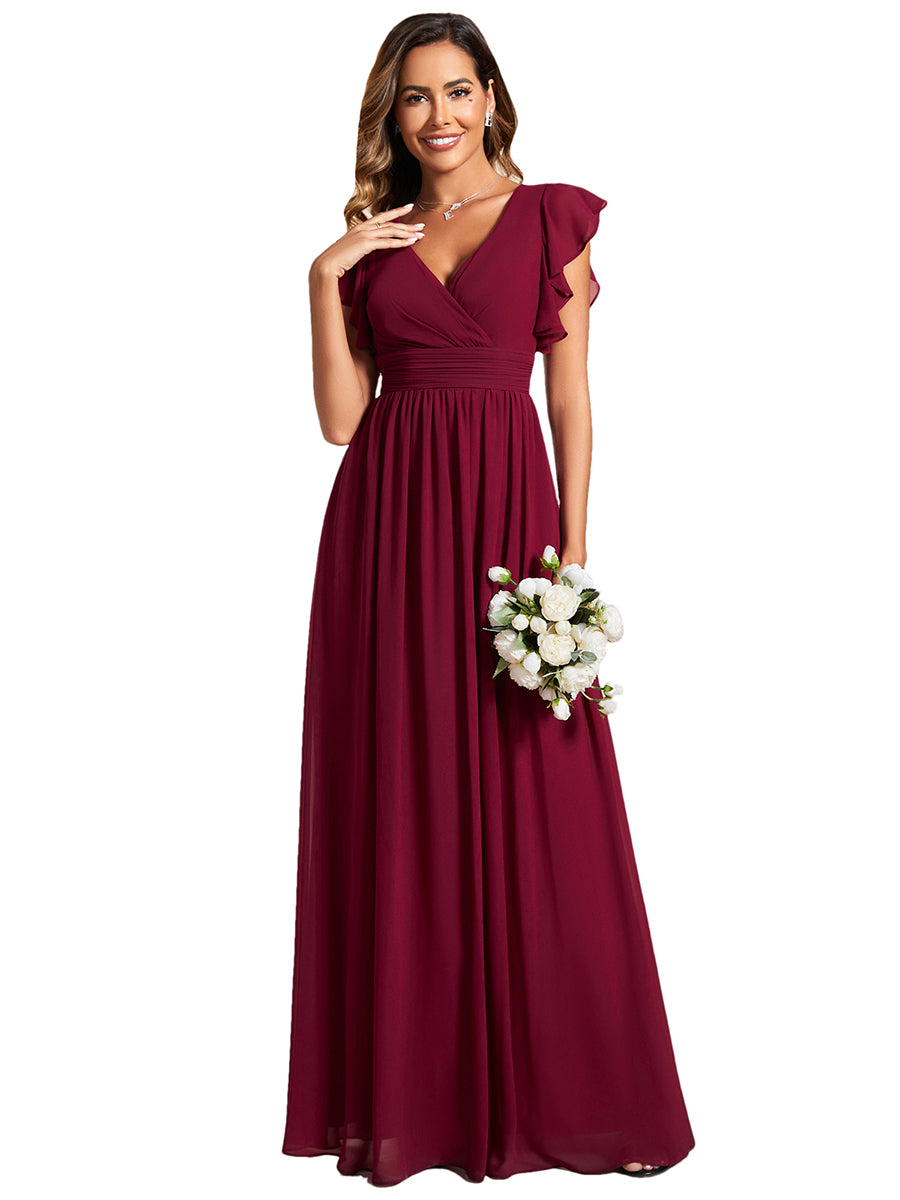 Color=Burgundy | V Neck Pleated Belted Ruffles Wholesale Bridesmaid Dresses - ES01818 Iterated-Burgundy 2