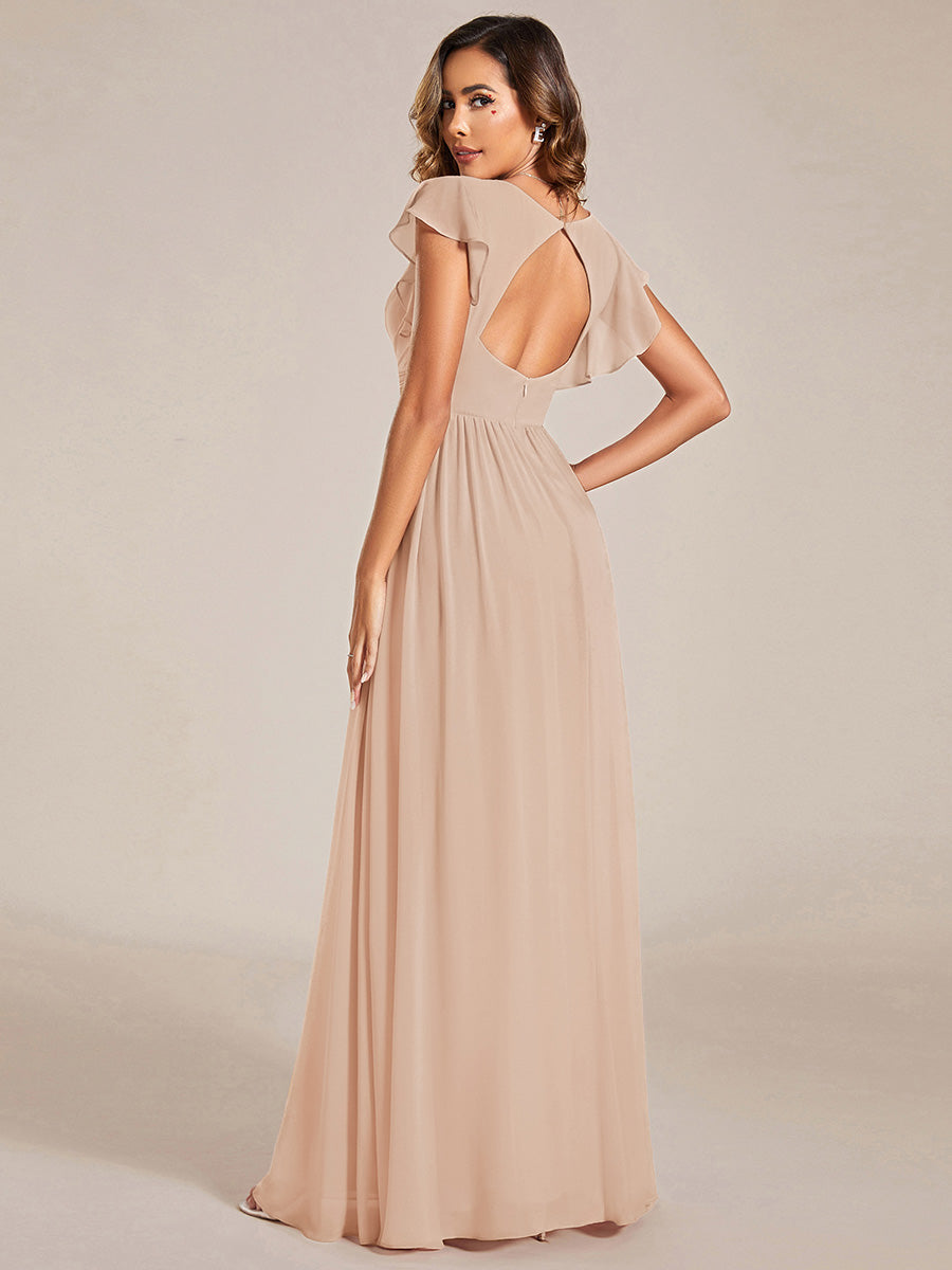 Color=Blush | One Stop Shop Short Sleeve Ruffle V-Neck Pleated Backless A-Line Floor Length Bridesmaid Dresses-Blush 2