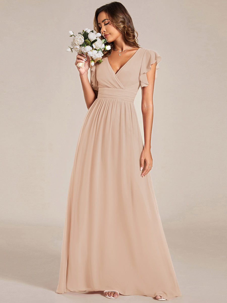 Color=Blush | One Stop Shop Short Sleeve Ruffle V-Neck Pleated Backless A-Line Floor Length Bridesmaid Dresses-Blush 4