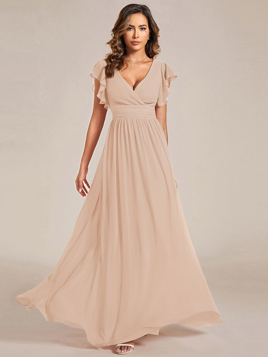 Color=Blush | One Stop Shop Short Sleeve Ruffle V-Neck Pleated Backless A-Line Floor Length Bridesmaid Dresses-Blush 5