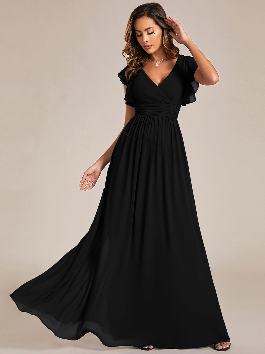 Color=Black | V Neck Pleated Belted Ruffles Wholesale Bridesmaid Dresses - ES01818 Iterated-Black 1