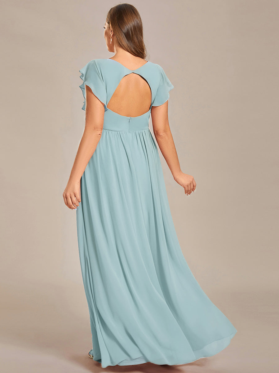 Color=Sky Blue | Bulk Order Short Sleeve Ruffle V-Neck Pleated Backless A-Line Floor Length Bridesmaid Dresses-Sky Blue 2