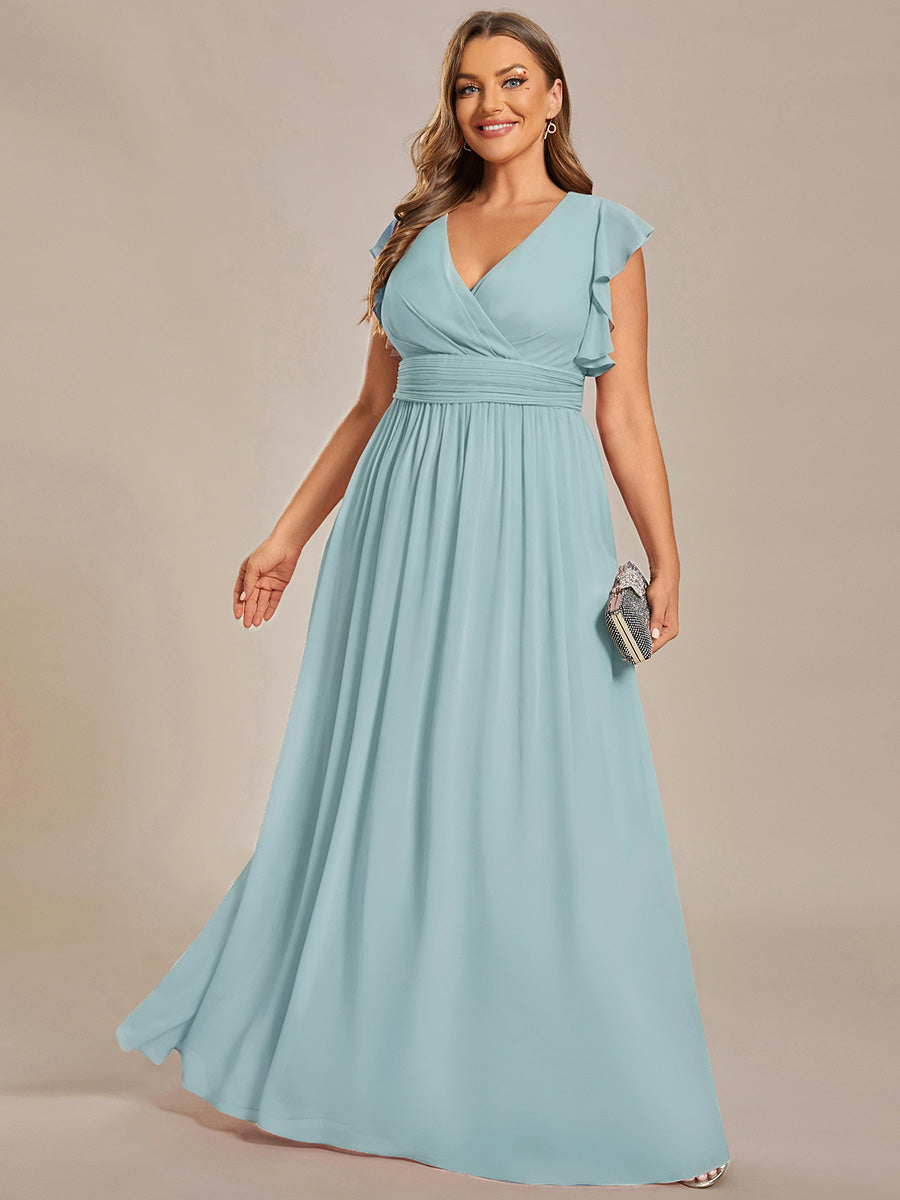 Color=Sky Blue | Bulk Order Short Sleeve Ruffle V-Neck Pleated Backless A-Line Floor Length Bridesmaid Dresses-Sky Blue 4