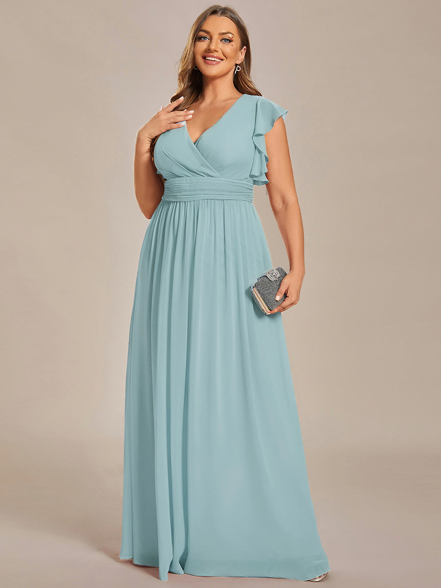 Color=Sky Blue | Bulk Order Short Sleeve Ruffle V-Neck Pleated Backless A-Line Floor Length Bridesmaid Dresses-Sky Blue 5