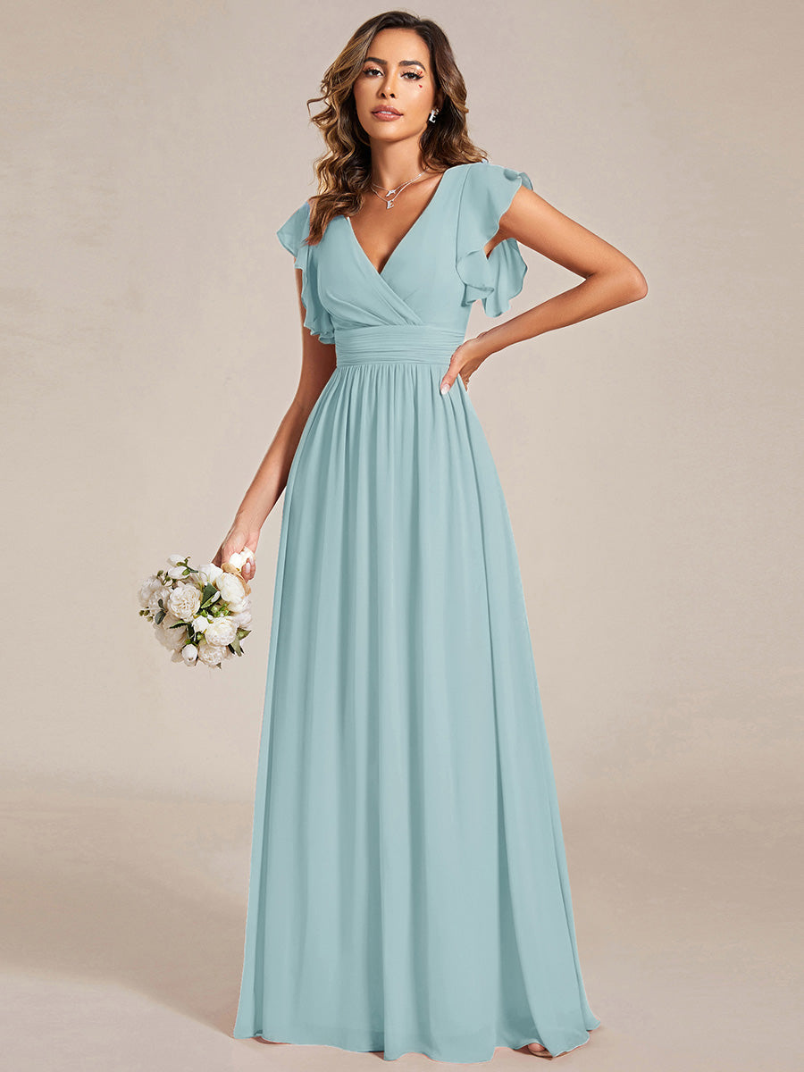 Color=Sky Blue | Bulk Order Short Sleeve Ruffle V-Neck Pleated Backless A-Line Floor Length Bridesmaid Dresses-Sky Blue 1