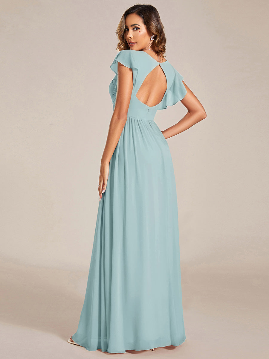 Color=Sky Blue | Bulk Order Short Sleeve Ruffle V-Neck Pleated Backless A-Line Floor Length Bridesmaid Dresses-Sky Blue 2