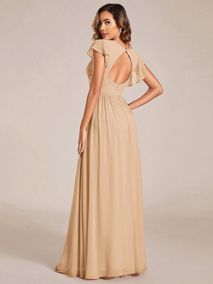 Color=Champagne | V Neck Pleated Belted Ruffles Wholesale Bridesmaid Dresses - ES01818 Iterated-Champagne 3
