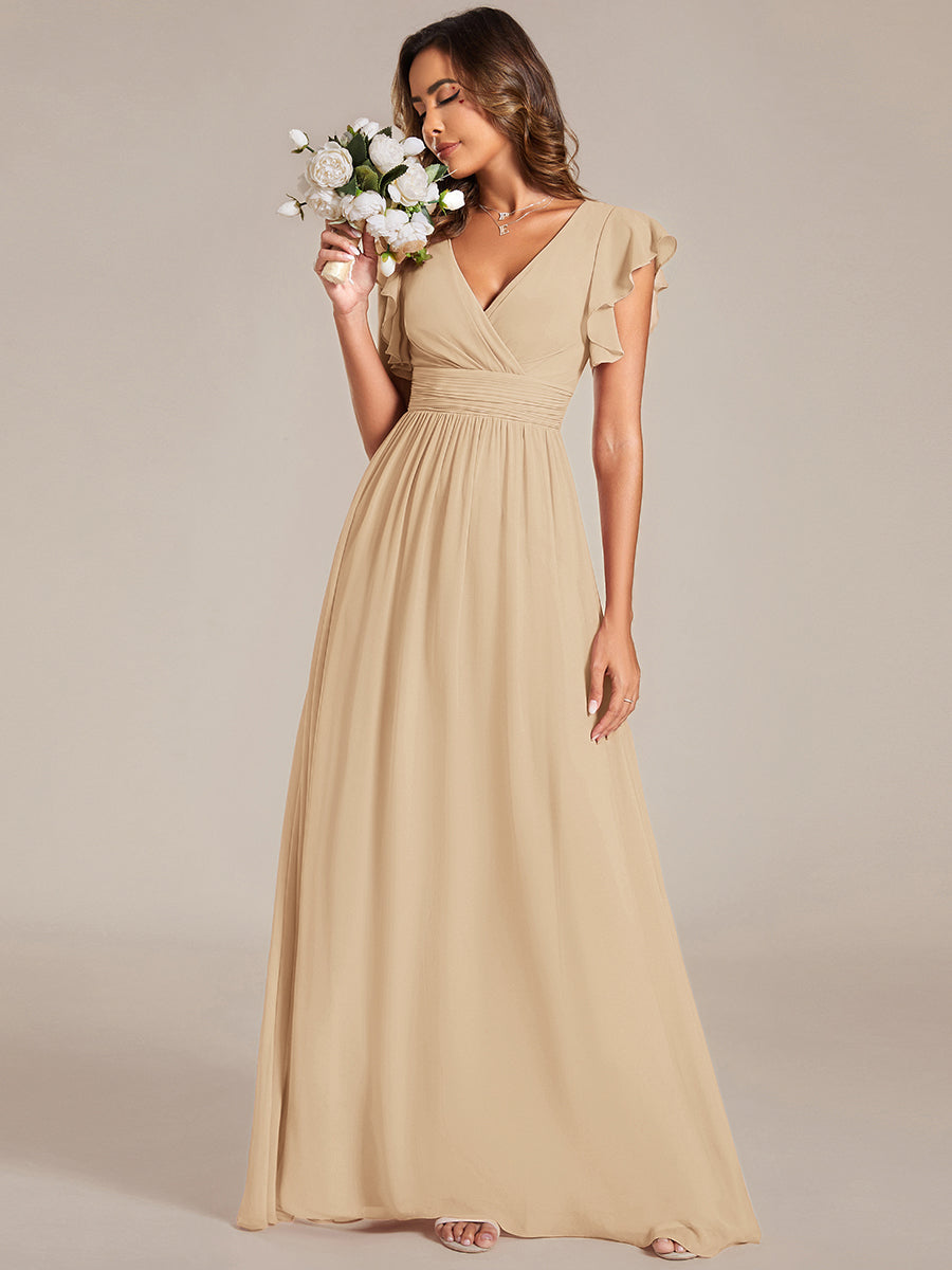 Color=Champagne | V Neck Pleated Belted Ruffles Wholesale Bridesmaid Dresses - ES01818 Iterated-Champagne 9
