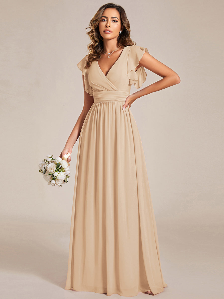 Color=Champagne | V Neck Pleated Belted Ruffles Wholesale Bridesmaid Dresses - ES01818 Iterated-Champagne 1