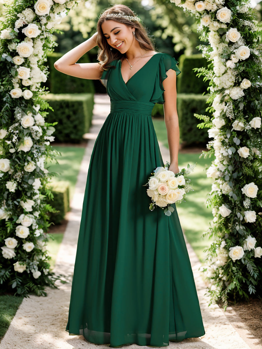 Color=Dark Green | V Neck Pleated Belted Ruffles Wholesale Bridesmaid Dresses - ES01818 Iterated-Dark Green 12