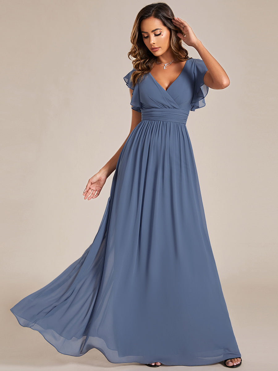 Color=Dusty Blue | V Neck Pleated Belted Ruffles Wholesale Bridesmaid Dresses - ES01818 Iterated-Dusty Blue 1