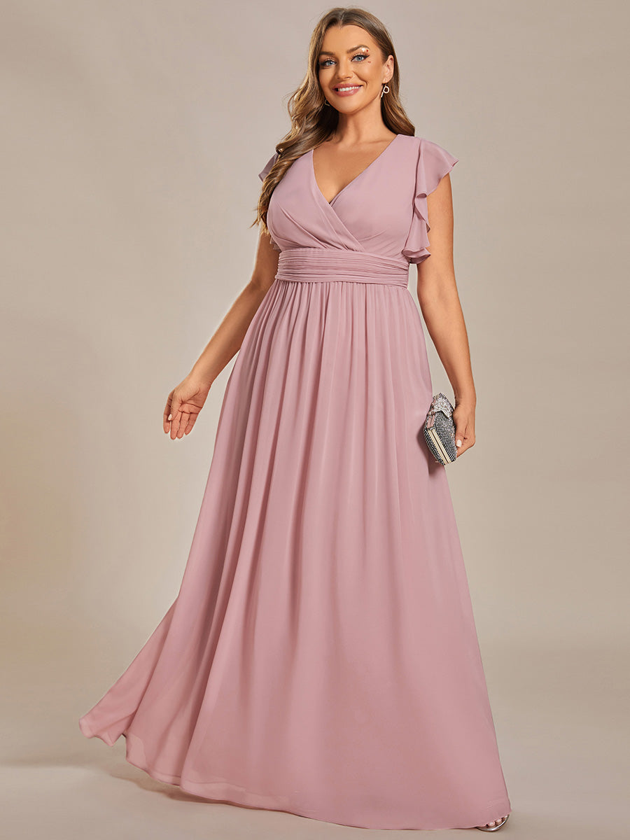 Color=Dusty Rose | V Neck Pleated Belted Ruffles Wholesale Bridesmaid Dresses - ES01818 Iterated-Dusty Rose 4
