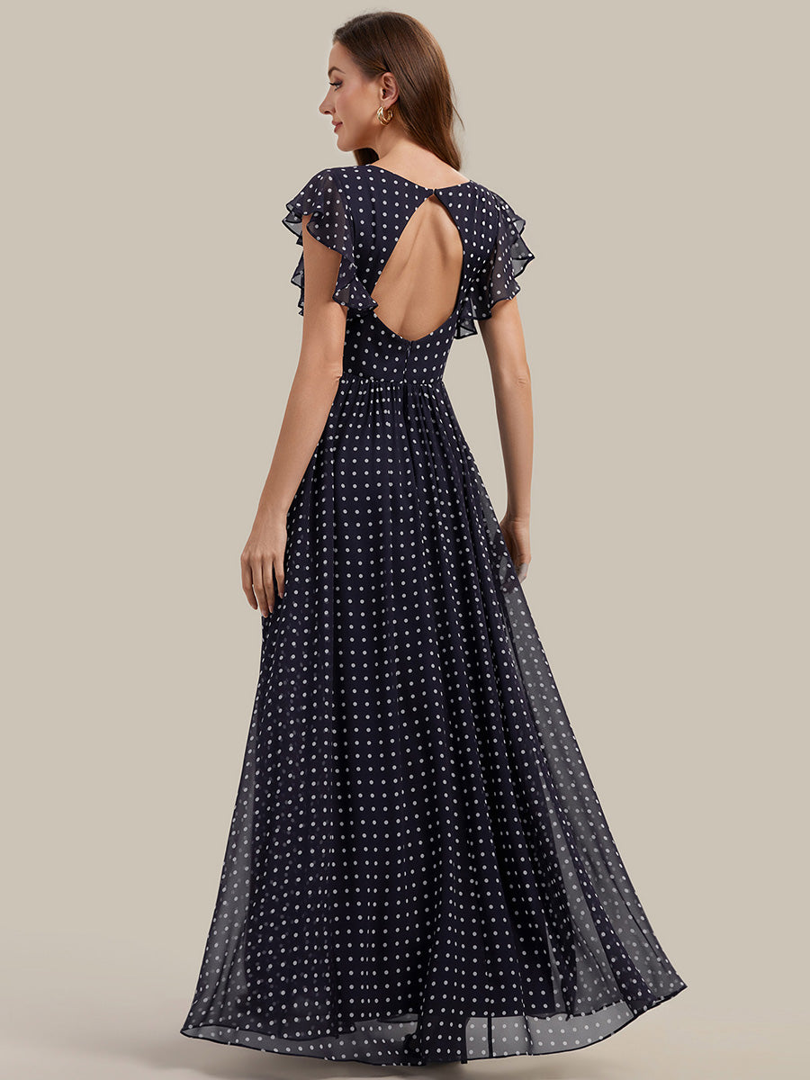 Color=Navy blue polka dots | V Neck Pleated Belted Ruffles Wholesale Bridesmaid Dresses-Navy blue polka dots 2