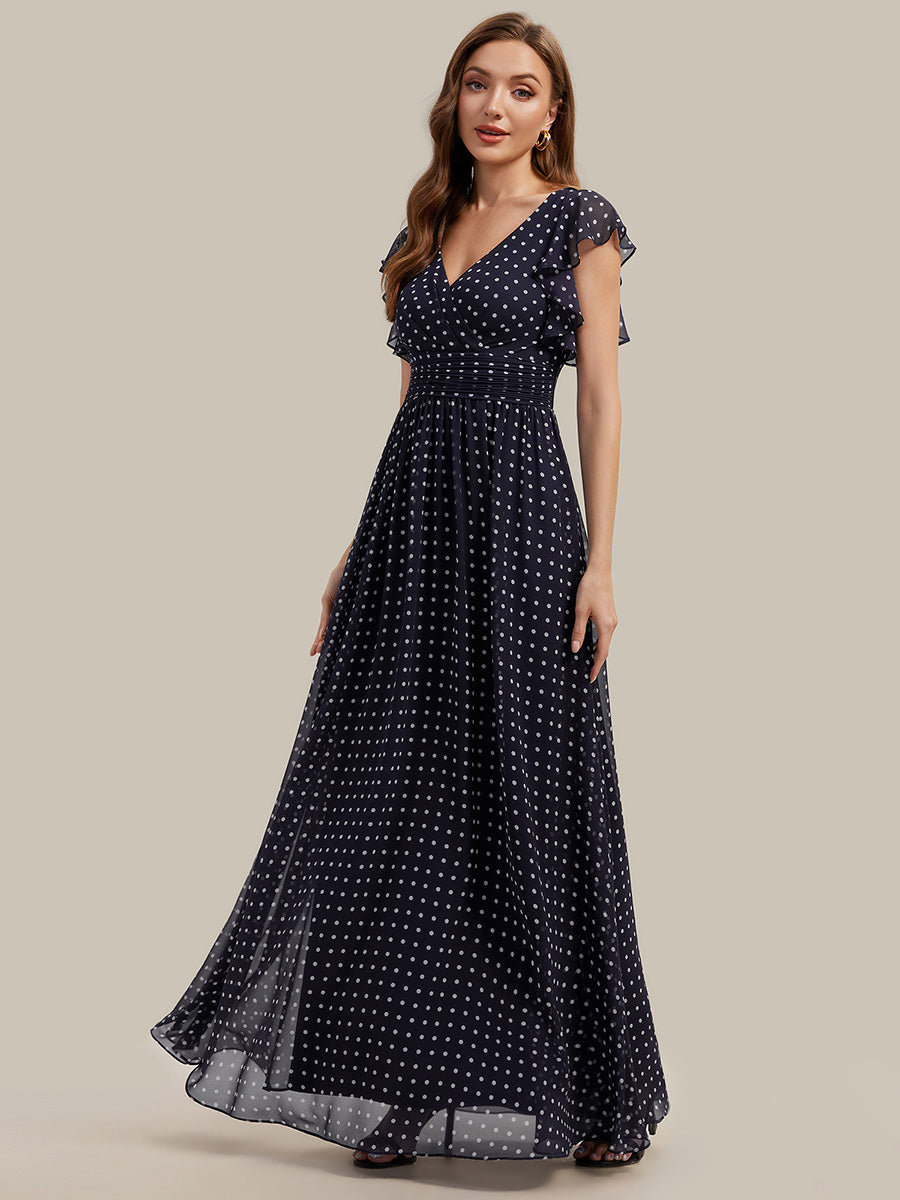 Color=Navy blue polka dots | V Neck Pleated Belted Ruffles Wholesale Bridesmaid Dresses-Navy blue polka dots 3
