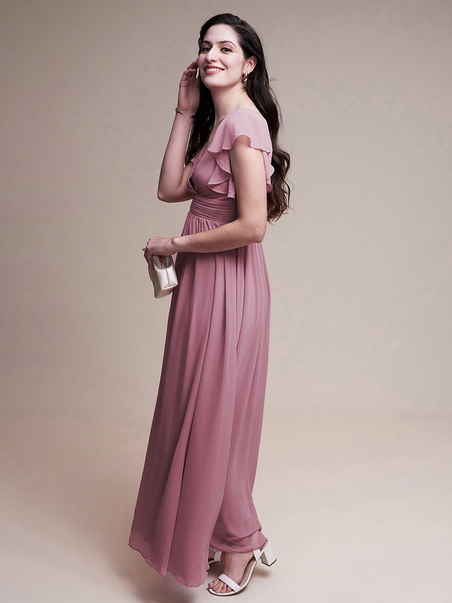 Color=Purple Orchid | V Neck Pleated Belted Ruffles Wholesale Bridesmaid Dresses - ES01818 Iterated-Purple Orchid 4