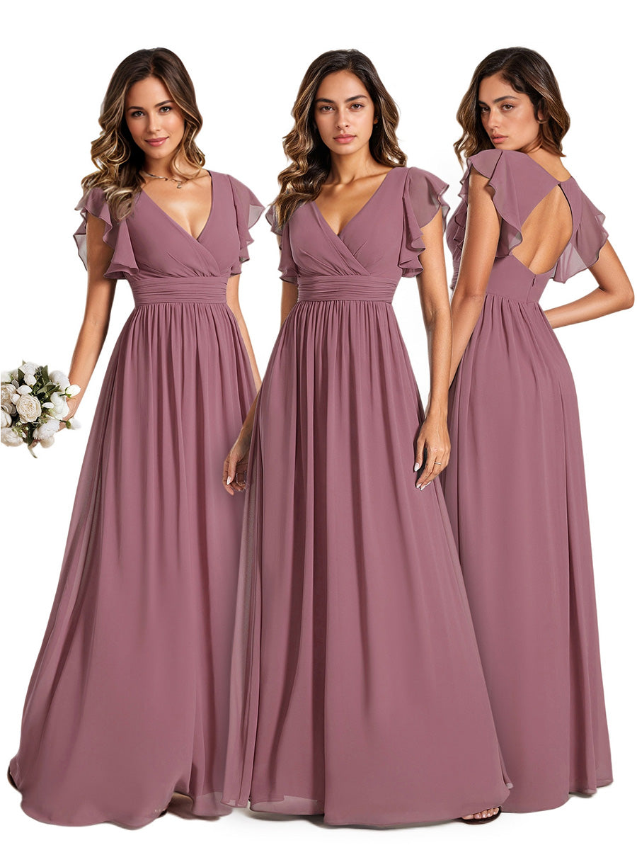 Color=Purple Orchid | V Neck Pleated Belted Ruffles Wholesale Bridesmaid Dresses - ES01818 Iterated-Purple Orchid 8