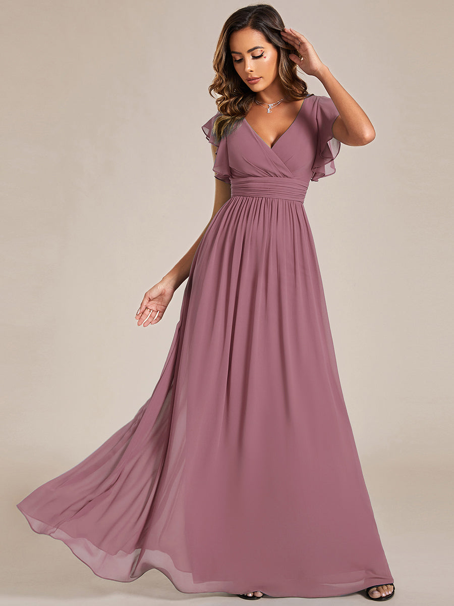 Color=Purple Orchid | V Neck Pleated Belted Ruffles Wholesale Bridesmaid Dresses - ES01818 Iterated-Purple Orchid 1