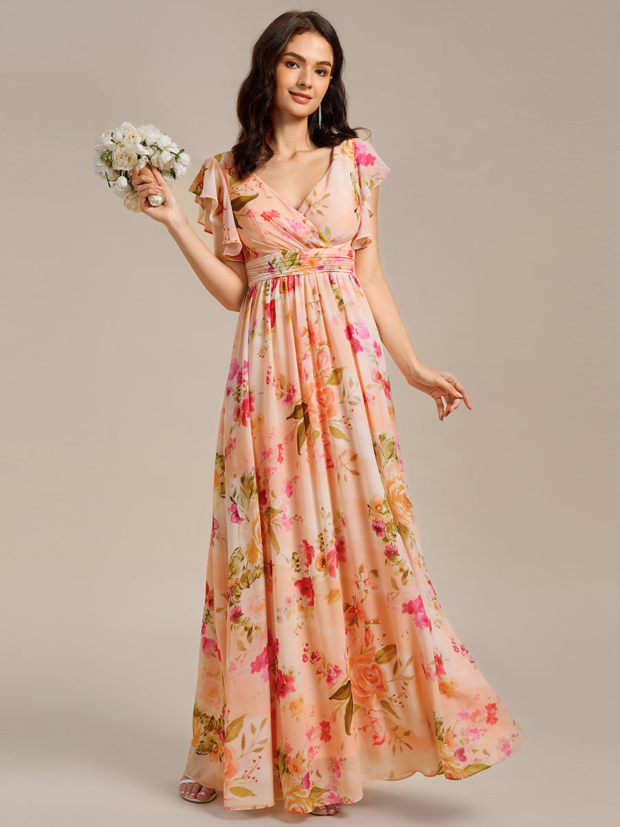 Color=Peach Fuzz | V Neck Pleated Belted Ruffles Wholesale Bridesmaid Dresses-Peach Fuzz 53