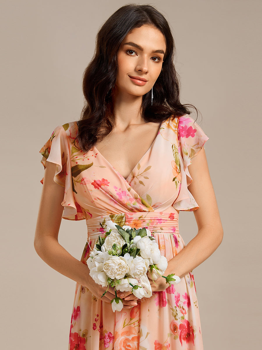 Color=Peach Fuzz | V Neck Pleated Belted Ruffles Wholesale Bridesmaid Dresses-Peach Fuzz 52