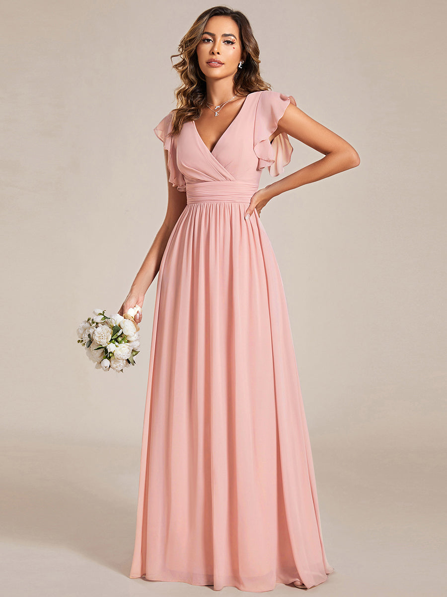 Color=Pink | V Neck Pleated Belted Ruffles Wholesale Bridesmaid Dresses - ES01818 Iterated-Pink 8