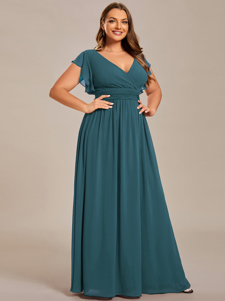 Color=Teal | B2B-Exclusive Short Sleeve Ruffle Pleated V-Neck Backless A-Line Floor Length Bridesmaid Dresses-Teal 9