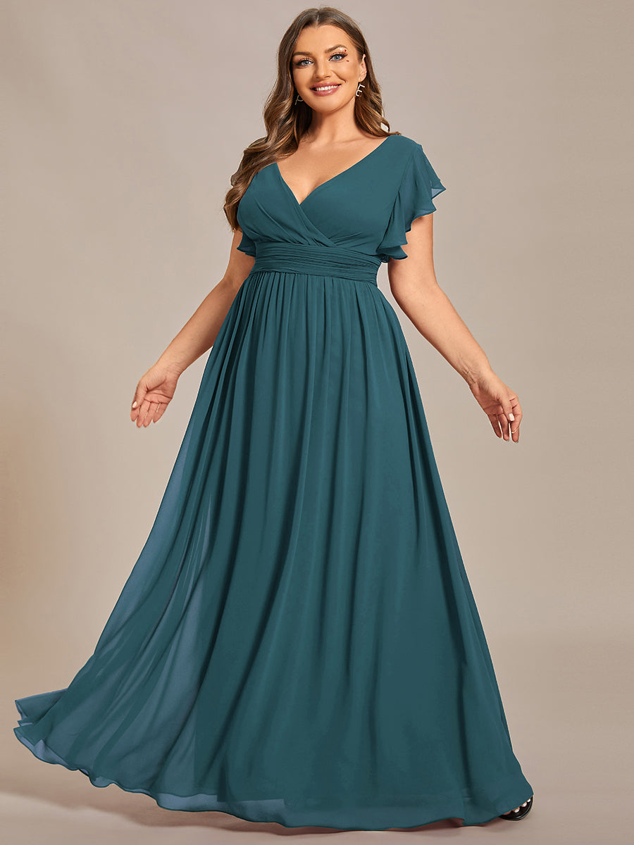 Color=Teal | B2B-Exclusive Short Sleeve Ruffle Pleated V-Neck Backless A-Line Floor Length Bridesmaid Dresses-Teal 10