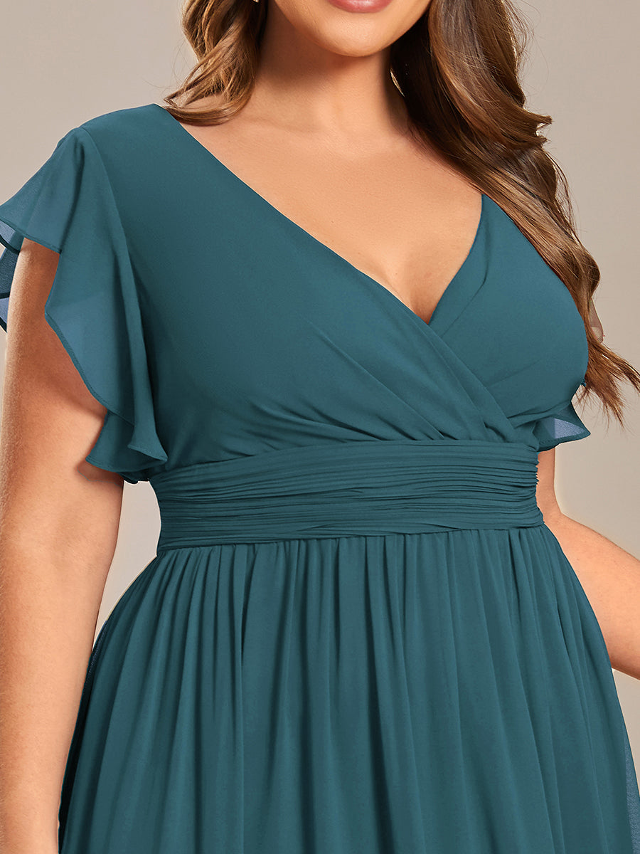 Color=Teal | B2B-Exclusive Short Sleeve Ruffle Pleated V-Neck Backless A-Line Floor Length Bridesmaid Dresses-Teal 8