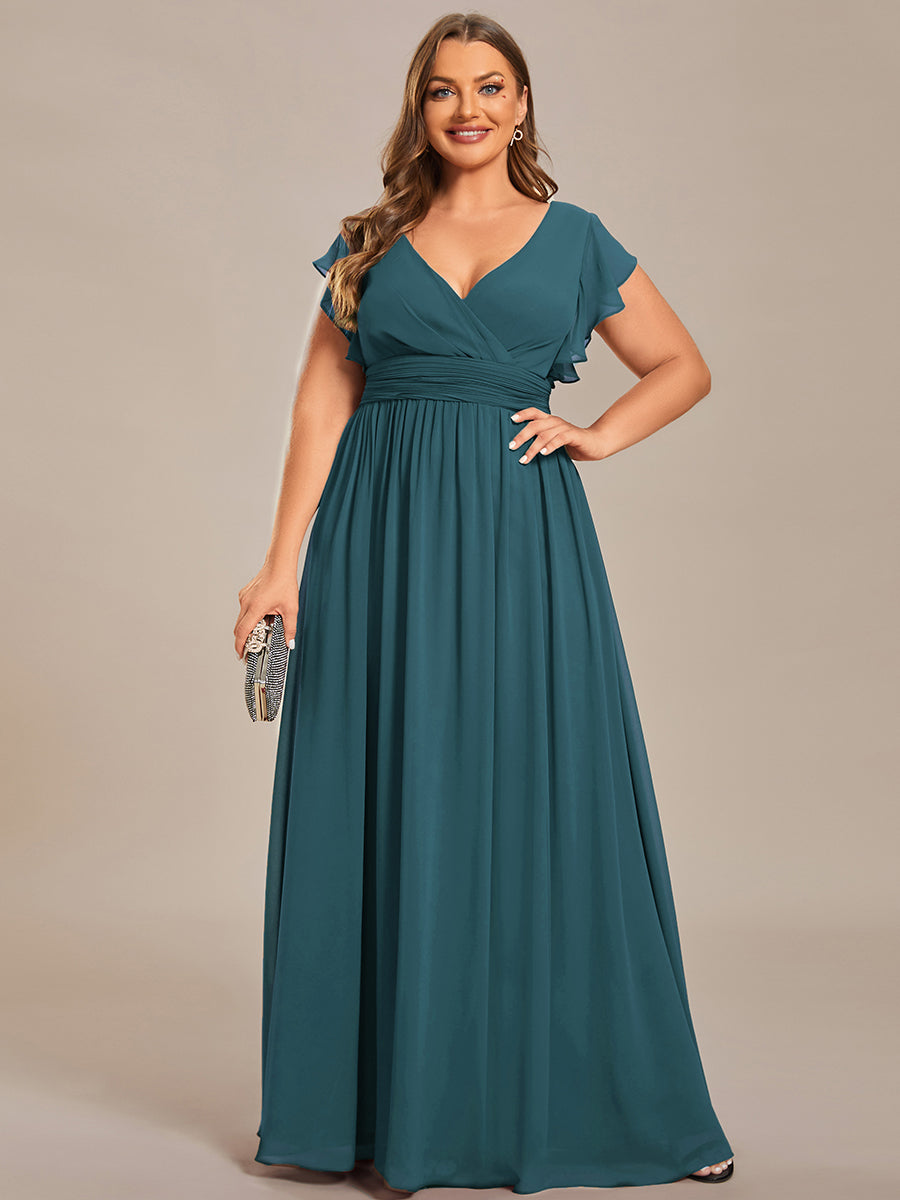 Color=Teal | B2B-Exclusive Short Sleeve Ruffle Pleated V-Neck Backless A-Line Floor Length Bridesmaid Dresses-Teal 6