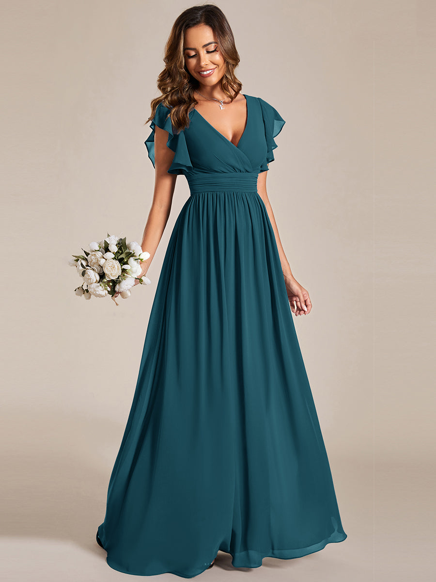 Color=Teal | V Neck Pleated Belted Ruffles Wholesale Bridesmaid Dresses - ES01818 Iterated-Teal 4