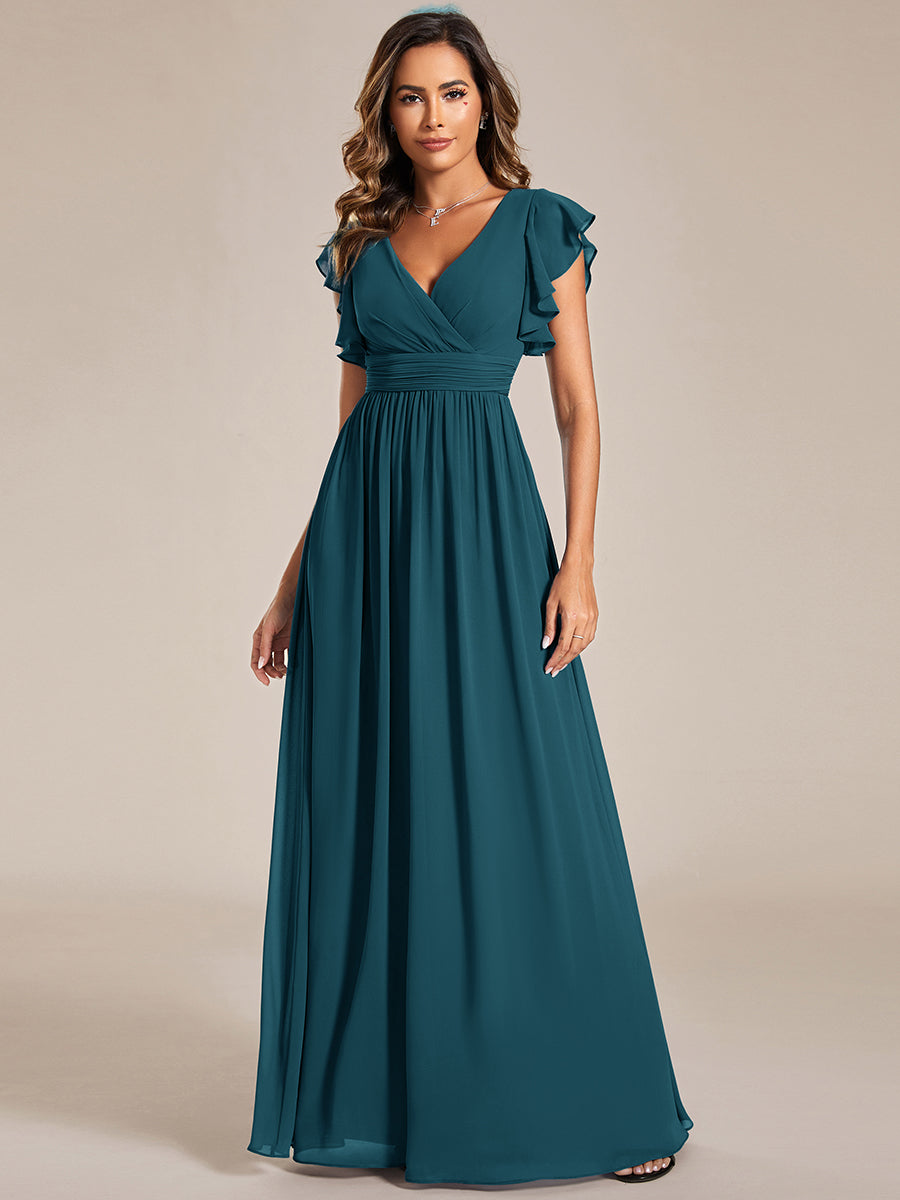 Color=Teal | V Neck Pleated Belted Ruffles Wholesale Bridesmaid Dresses - ES01818 Iterated-Teal 5