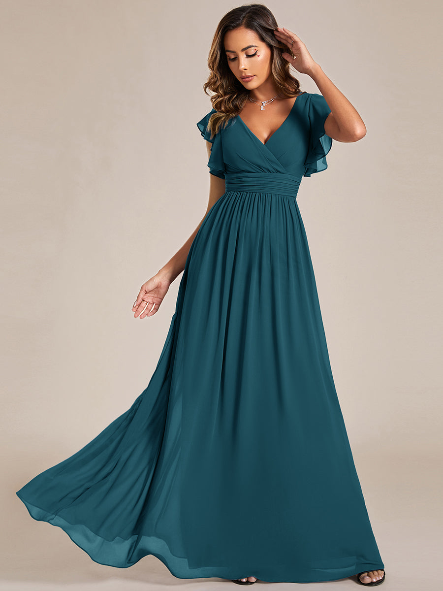 Color=Teal | B2B-Exclusive Short Sleeve Ruffle Pleated V-Neck Backless A-Line Floor Length Bridesmaid Dresses-Teal 1