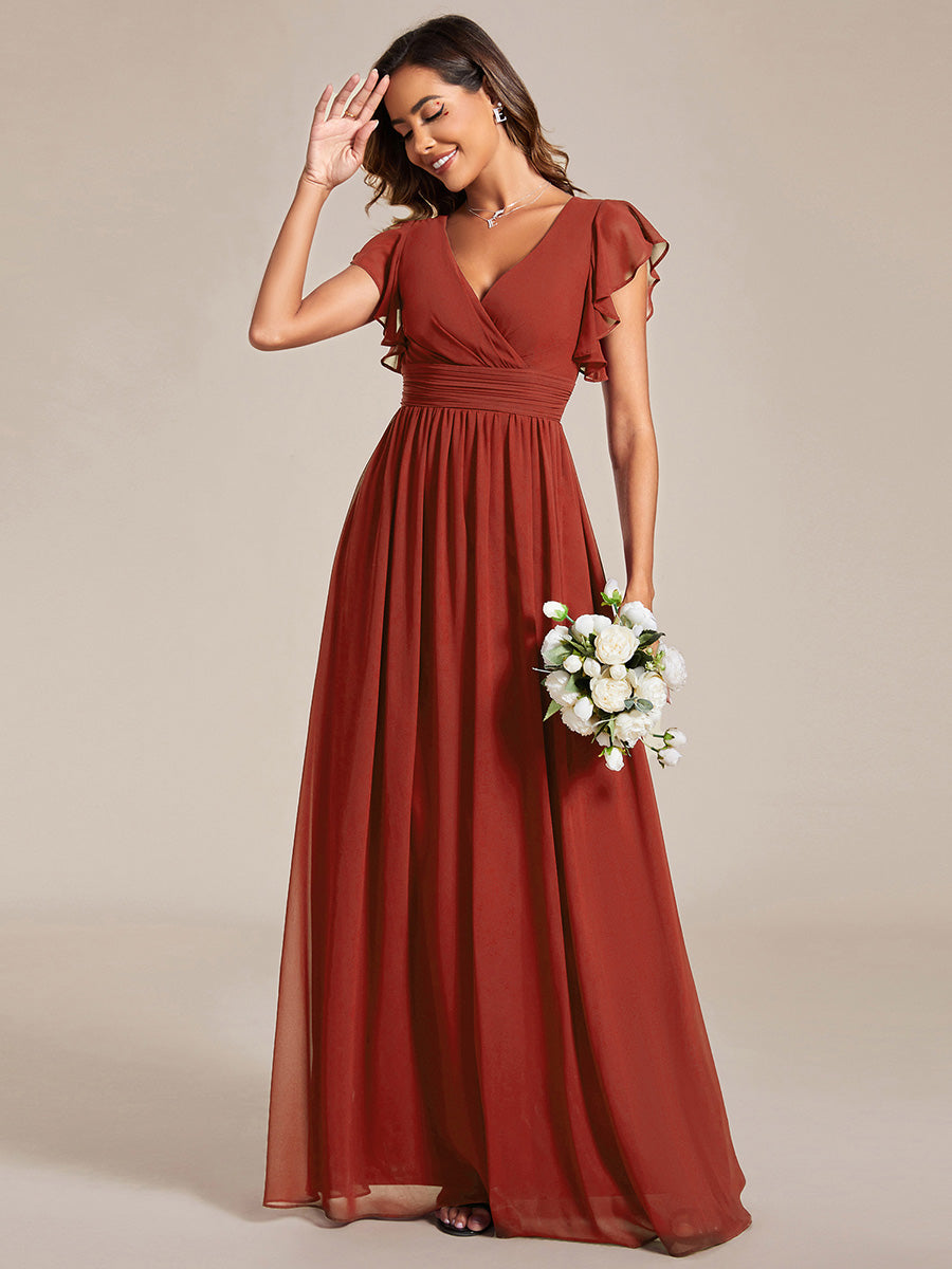 Color=Vermilion | V Neck Pleated Belted Ruffles Wholesale Bridesmaid Dresses - ES01818 Iterated-Vermilion 3