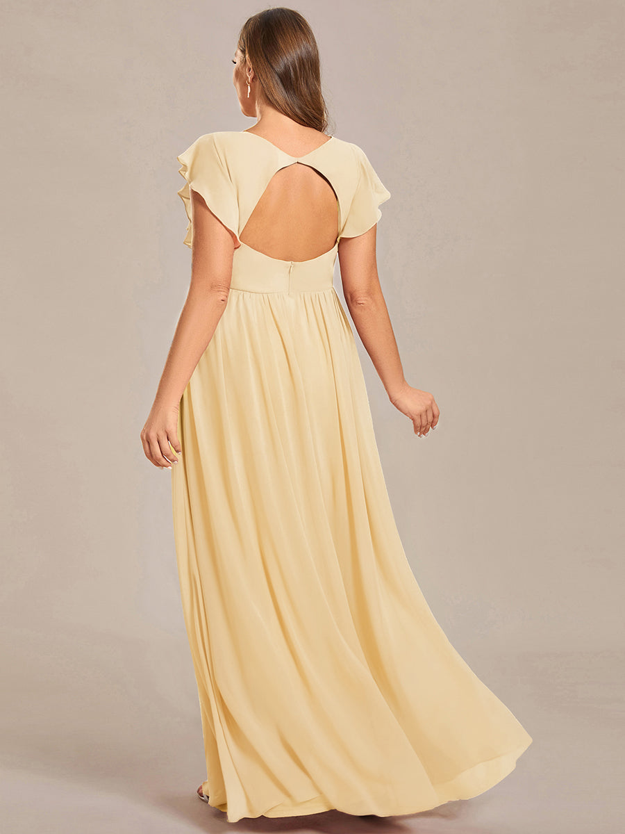 Color=Yellow | Bulk Order Short Sleeve Ruffle V-Neck Pleated Backless A-Line Floor Length Bridesmaid Dresses-Yellow 12