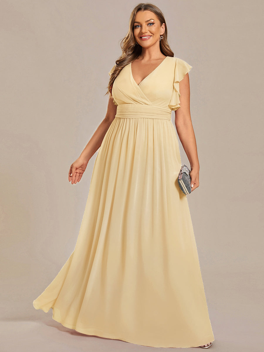 Color=Yellow | Bulk Order Short Sleeve Ruffle V-Neck Pleated Backless A-Line Floor Length Bridesmaid Dresses-Yellow 14