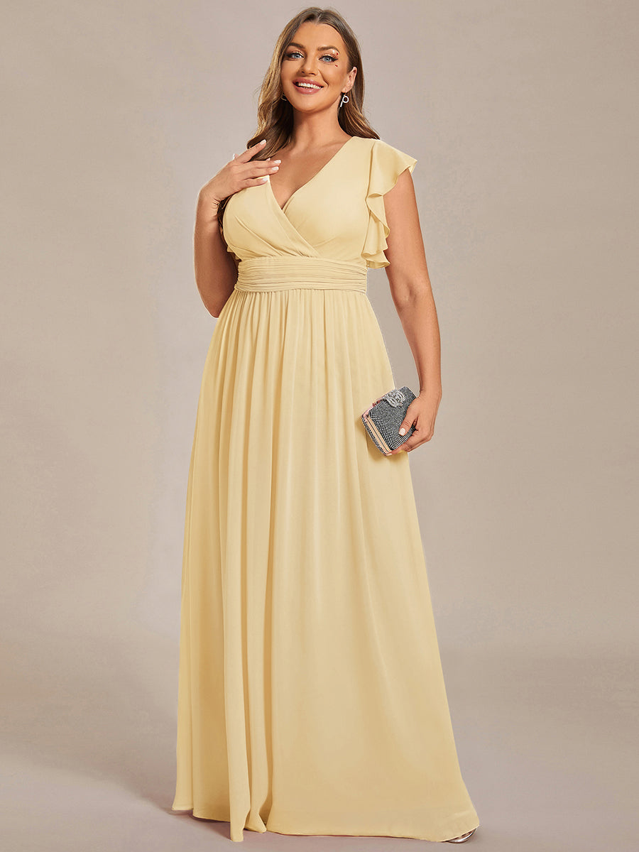 Color=Yellow | Bulk Order Short Sleeve Ruffle V-Neck Pleated Backless A-Line Floor Length Bridesmaid Dresses-Yellow 15