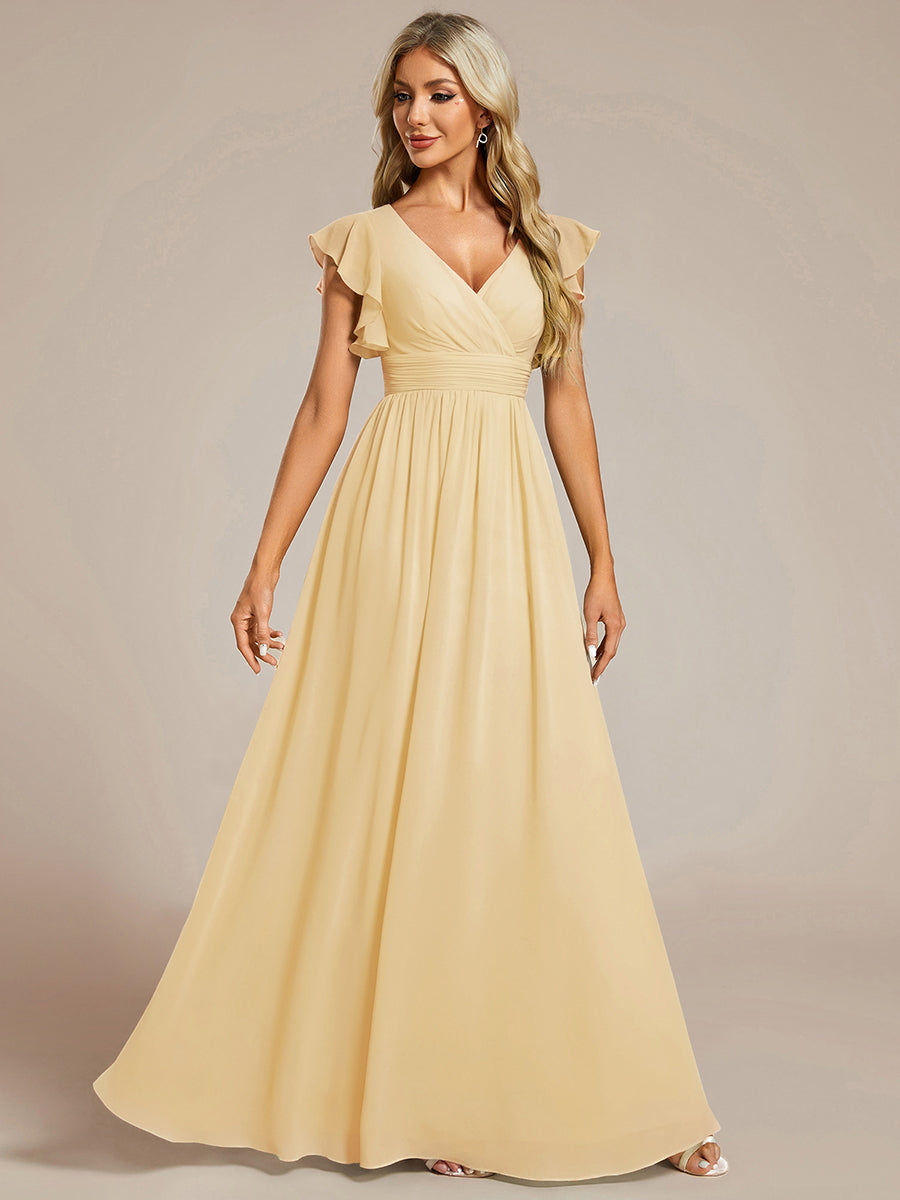 Color=Yellow | Bulk Order Short Sleeve Ruffle V-Neck Pleated Backless A-Line Floor Length Bridesmaid Dresses-Yellow 15